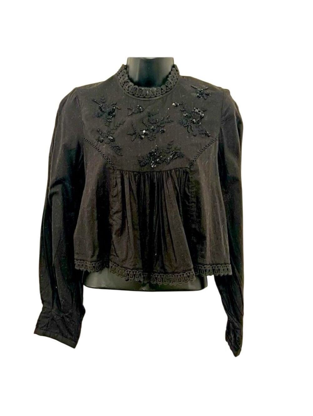 Urban Outfitters UO Boho Black Beaded Sequin Embroidered Long Sleeve Crop Top S